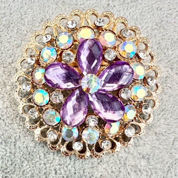 Round Gold Tone Purple Clear and Iridescent Rhinestone Floral Brooch Pin - Picture 3 of 7